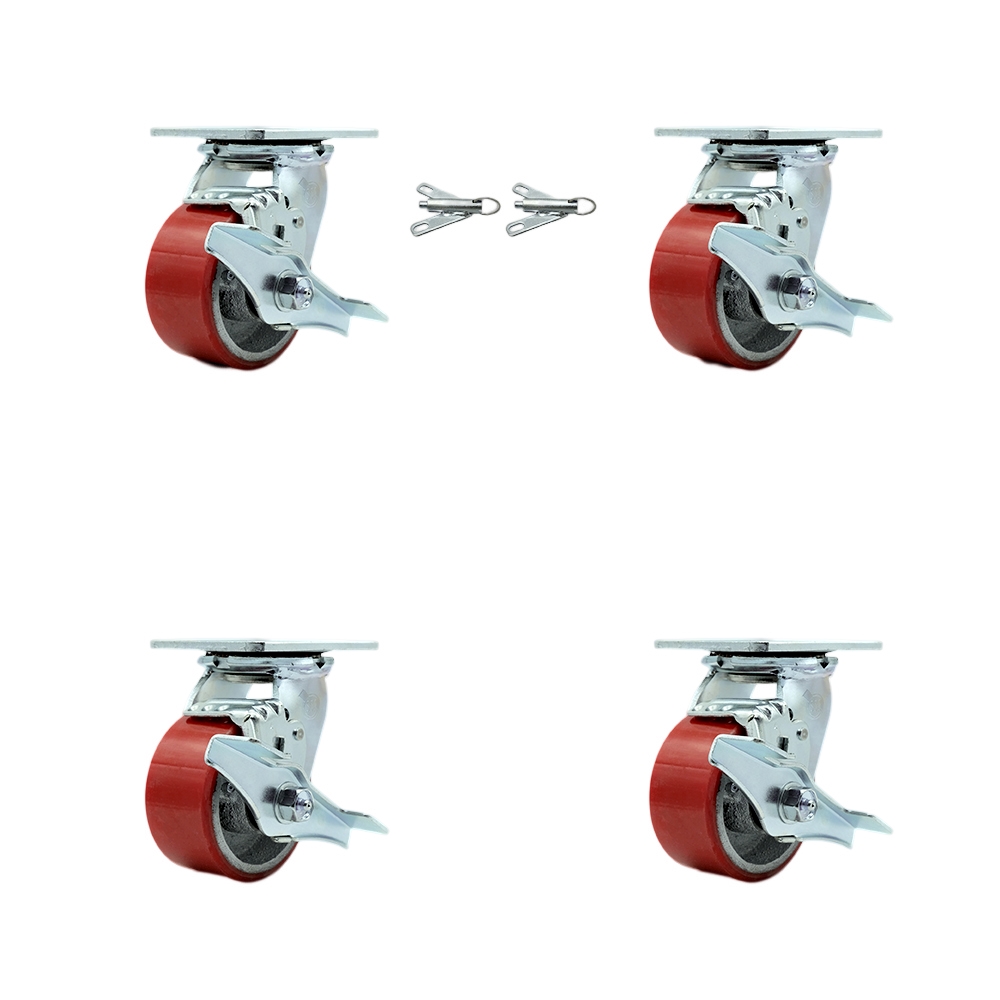 Heavy Duty Swivel Caster Set with 4 Inch Red Polyurethane on Cast Iron Wheels and Ball Bearings-Includes 2 Swivel with Brakes and Bolt on Swivel Locks and 2 Swivel with Brakes - Service Caster Brand — photo 1