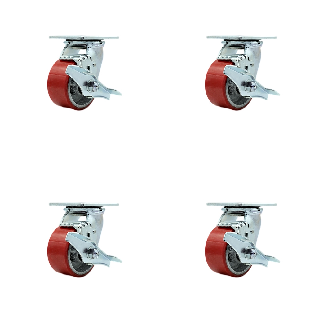 Polyurethane on Cast Iron Swivel Top Plate Casters Set of 4 Heavy Duty with 4 Inch Red Wheels - Includes 4 Swivel with Top Lock Brakes and Bolt on Swivel Locks - Service Caster Brand — photo 1