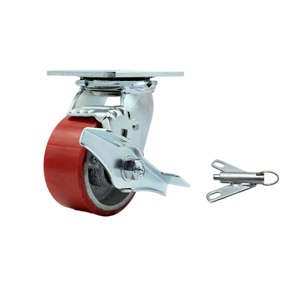 Polyurethane on Cast Iron Swivel Top Plate Heavy Duty Caster with 4 Inch Red Wheel and Top Lock Brake and Bolt on Swivel Lock – 700 lbs. Capacity/Caster - Service Caster Brand — photo 1