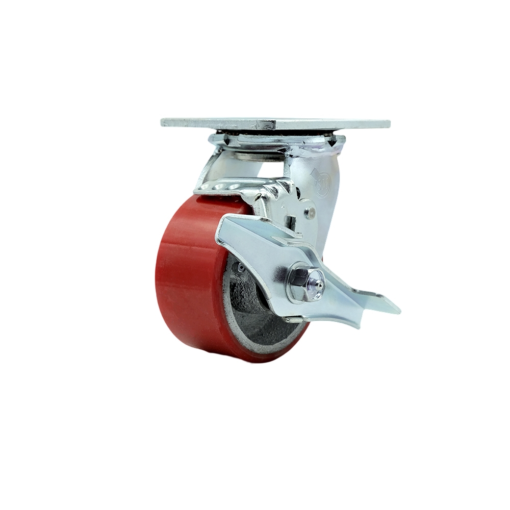 4" Heavy Duty Swivel Caster with Red Polyurethane on Iron Wheel and Brake - 700 lbs Capacity - Service Caster Brand — photo 1