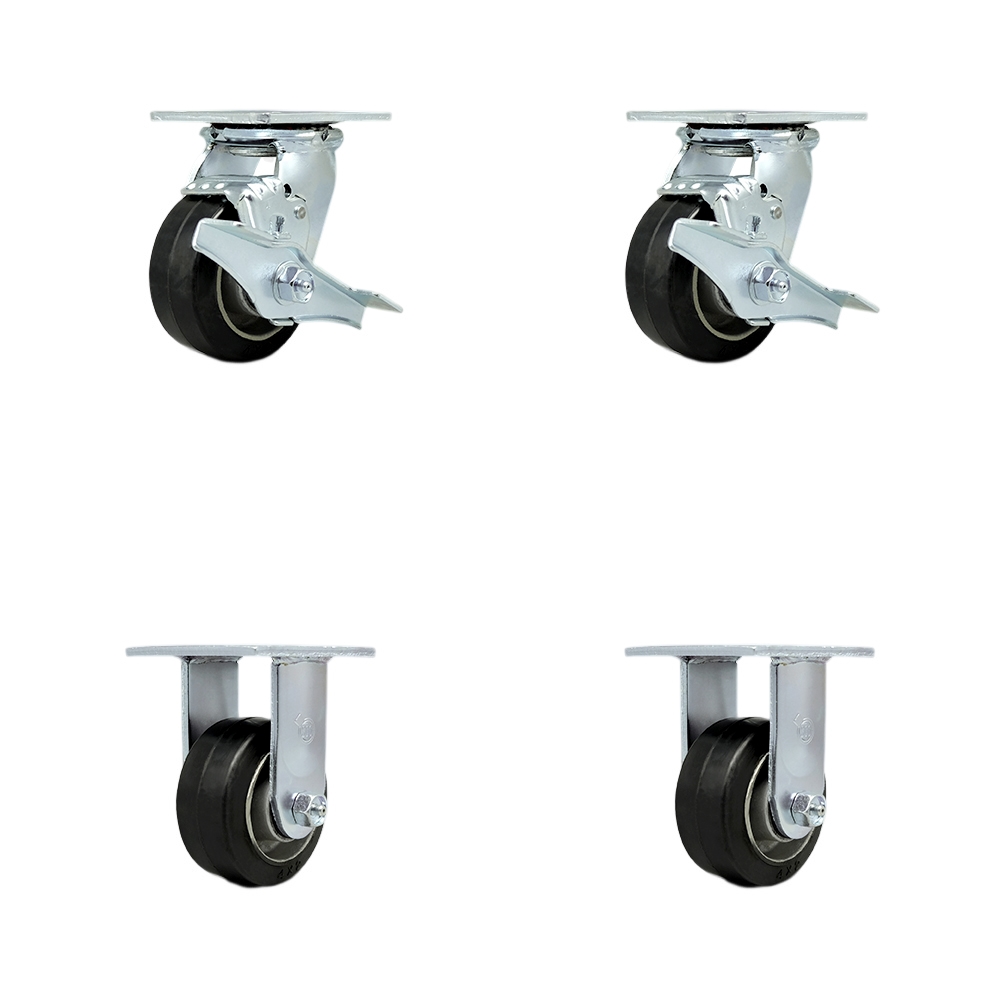 Heavy Duty Swivel Caster Set of 4 with 4 Inch Rubber on Aluminum Wheels and Ball Bearings - Includes 2 Swivel with Brakes and 2 Rigid - 1,600 lbs. Total Capacity - Service Caster Brand — photo 1