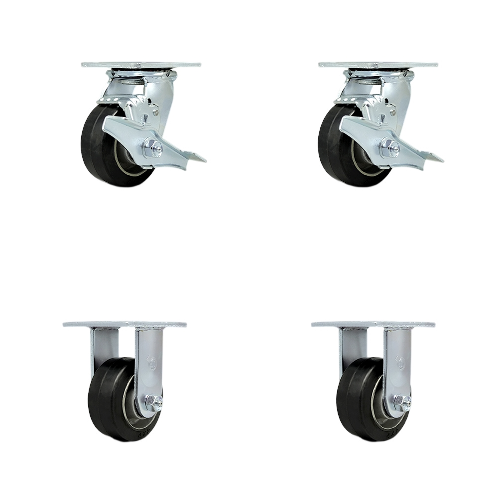 Stainless Steel Heavy Duty Swivel Caster Set with 4 Inch Rubber on Aluminum Wheels and Delrin Bearings - Includes 2 Swivel with Brakes and Bolt on Swivel Locks and 2 Rigid-Service Caster Brand — photo 1