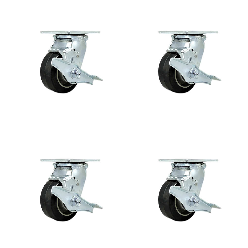 Stainless Steel Heavy Duty Swivel Caster Set with 4 Inch Rubber on Aluminum Wheels and Ball Bearing-Include 2 Swivel w/Brake and Bolt on Swivel Lock and 2 Swivel w/Brake-Service Caster Brand — photo 1