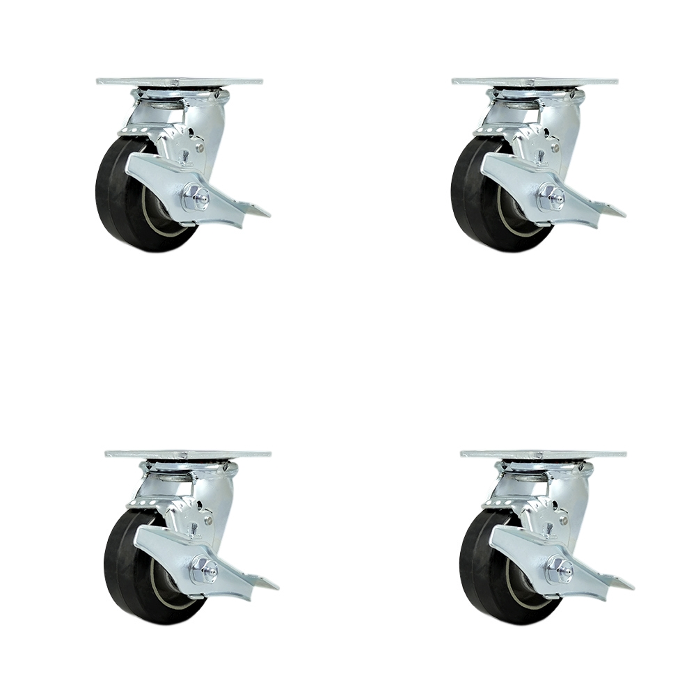 Rubber on Aluminum Swivel Top Plate Casters Set of 4 Heavy Duty with 4 Inch Wheels - Includes 4 Swivel with Top Lock Brakes and Bolt on Swivel Locks – 1,600 lbs. Total Capacity - Service Caster Brand — photo 1