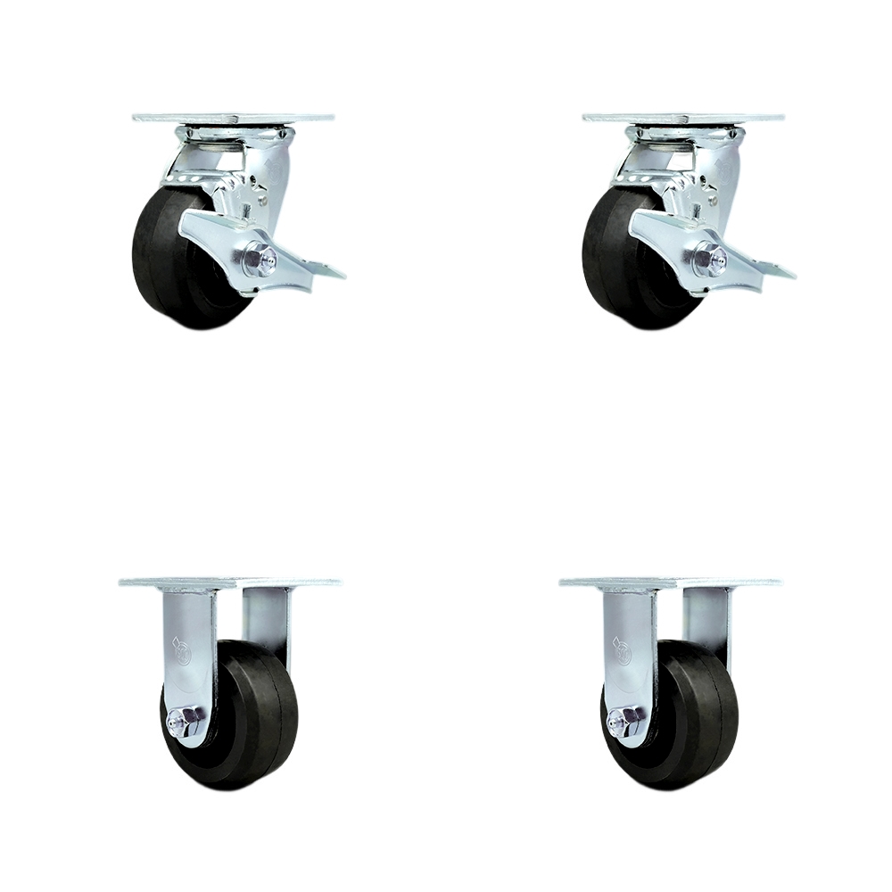 Heavy Duty Swivel Caster Set of 4 with 4 Inch Rubber on Metal Wheels and Ball Bearings - Includes 2 Swivel with Brakes and 2 Rigid - 1,600 lbs. Total Capacity - Service Caster Brand — photo 1