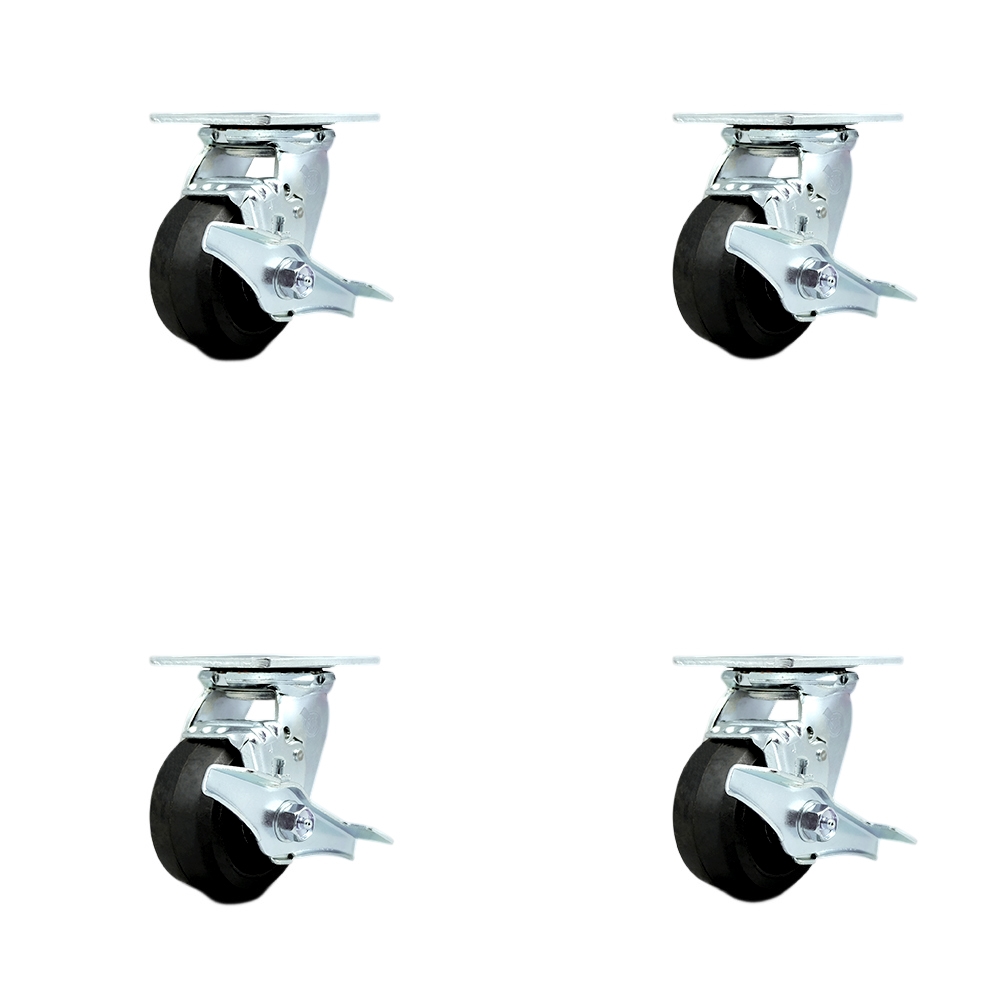 Heavy Duty Swivel Caster Set of 4 with 4 Inch Rubber on Metal Wheels and Ball Bearings - Includes 4 Swivel with Top Lock Brakes - 1,600 lbs. Total Capacity - Service Caster Brand — photo 1