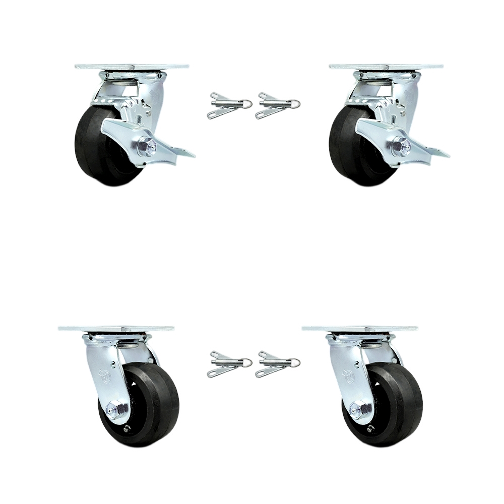 Rubber on Metal Swivel Top Plate Casters Set 4 Heavy Duty with 4 Inch Wheels - Includes 2 Swivel with Brakes and Bolt on Swivel Locks and 2 Swivel with Bolt on Swivel Locks - Service Caster Brand — photo 1