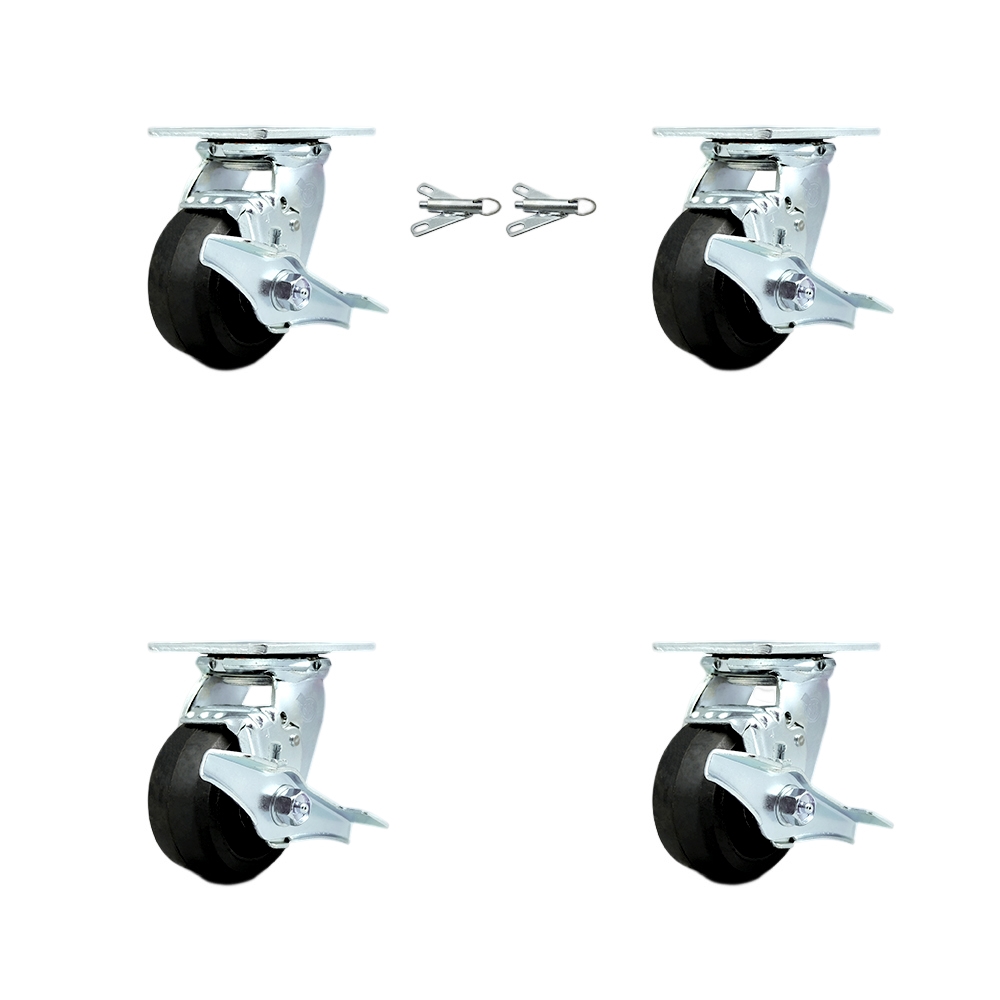 Heavy Duty Swivel Caster Set of 4 with 4 Inch Rubber on Metal Wheels and Ball Bearings - Includes 2 Swivel with Brakes and Bolt on Swivel Locks and 2 Swivel with Brakes - Service Caster Brand — photo 1