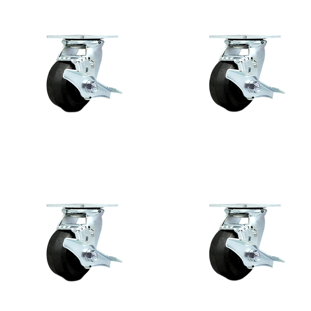 Heavy Duty Swivel Caster Set of 4 with 4 Inch Rubber on Metal Wheels and Ball Bearings - Includes 4 Swivel with Top Lock Brakes and Bolt on Swivel Locks - Service Caster Brand — photo 1