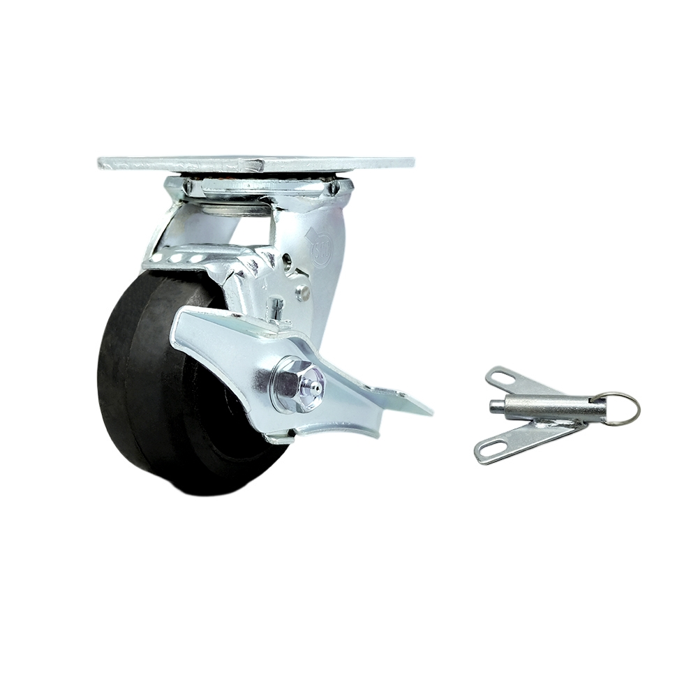 Heavy Duty Swivel Top Plate Caster with Top Lock Brake and Bolt on Swivel Lock and 4 Inch Rubber on Metal Wheel with Ball Bearings - 400 lbs. Capacity/Caster - Service Caster Brand — photo 1