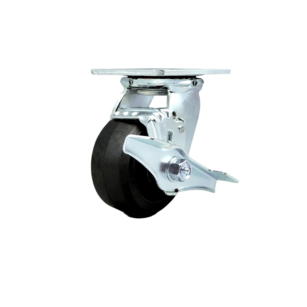 Heavy Duty Swivel Top Plate Caster with Top Lock Brake and 4 Inch Rubber on Metal Wheel with Ball Bearings - 400 lbs. Capacity/Caster - Service Caster Brand — photo 1