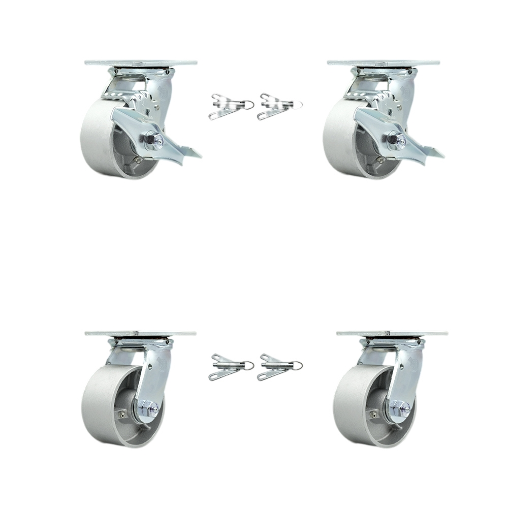 Heavy Duty Swivel Caster Set with 4 Inch Semi Steel Cast Iron Wheels and Bronze Bearing - Include 2 Swivel with Brake & Bolt on Swivel Lock and 2 Swivel w/Bolt on Swivel Lock - Service Caster Brand — photo 1