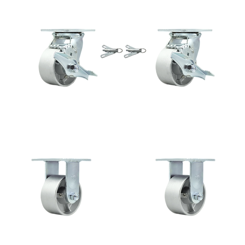 Semi Steel Cast Iron Swivel Top Plate Casters Set of 4 Heavy Duty with 4 Inch Wheels-Includes 2 Swivel with Brakes and Bolt on Swivel Locks and 2 Rigid-4,000 lbs. Total Capacity - Service Caster Brand — photo 1