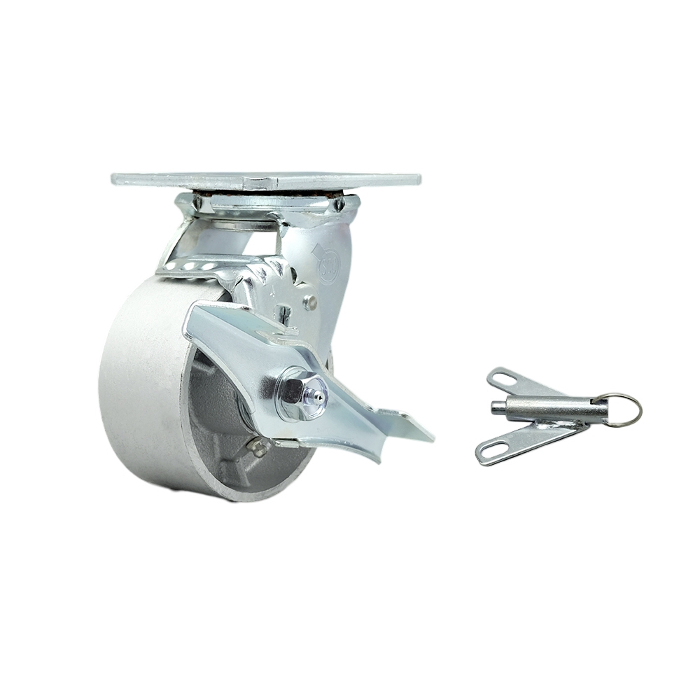 Heavy Duty Swivel Top Plate Caster with Top Lock Brake and Bolt on Swivel Lock and 4 Inch Semi Steel Cast Iron Wheel with Bronze Bearings - 1,000 lbs. Capacity/Caster - Service Caster Brand — photo 1