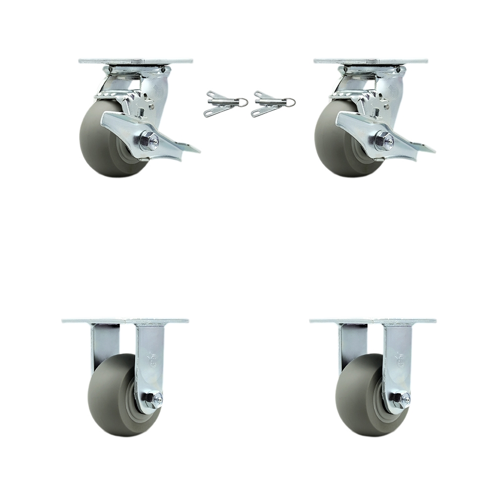 Thermoplastic Rubber Donut Tread Swivel Top Plate Casters Set of 4 Heavy Duty with 4 Inch Wheels - Includes 2 Swivel with Brakes and Bolt on Swivel Locks and 2 Rigid - Service Caster Brand — photo 1