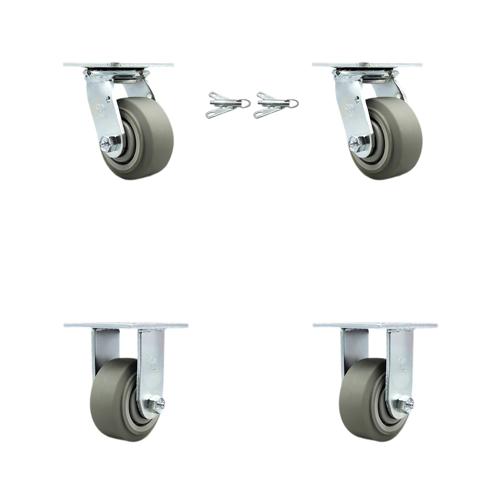 Thermoplastic Rubber Flat Tread Swivel Top Plate Casters Set of 4 Heavy Duty with 4 Inch Wheels- Includes 2 Swivel with Bolt on Swivel Locks and 2 Rigid–1,200 lbs. Total Capacity- Service Caster Brand — photo 1