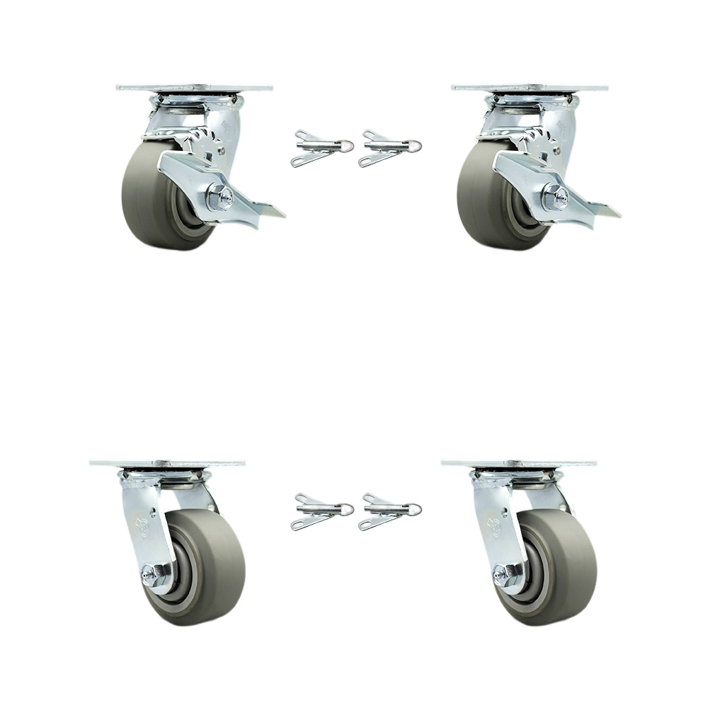 Heavy Duty Swivel Caster Set with 4 Inch Thermoplastic Flat Tread Wheel and Ball Bearing-Include 2 Swivel with Brake and Bolt on Swivel Lock and 2 Swivel with Bolt on Swivel Lock- Service Caster Brand — photo 1