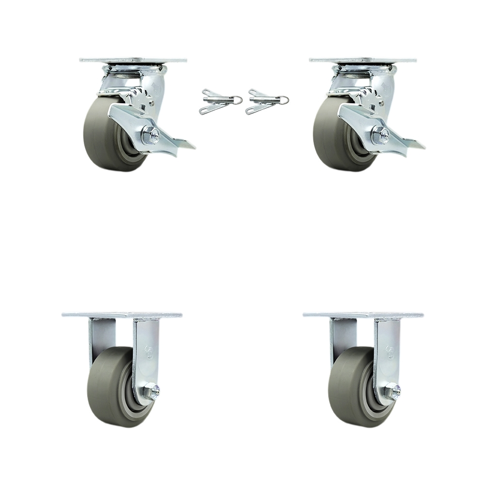 Thermoplastic Rubber Flat Tread Swivel Top Plate Casters Set of 4 Heavy Duty with 4 Inch Wheels - Includes 2 Swivel with Brakes and Bolt on Swivel Locks and 2 Rigid - Service Caster Brand — photo 1
