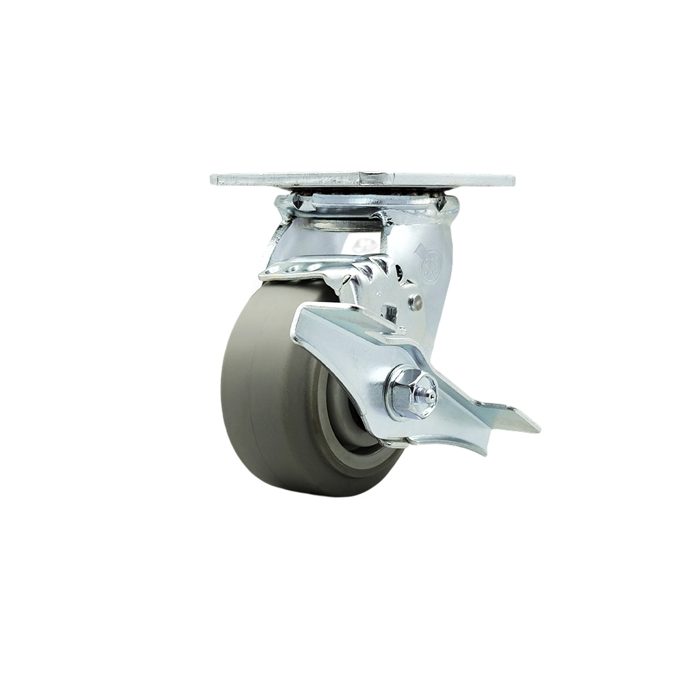 Heavy Duty Swivel Top Plate Caster with Top Lock Brake and 4 Inch Thermoplastic Rubber Flat Tread Wheel with Ball Bearings - 300 lbs. Capacity/Caster - Service Caster Brand — photo 1