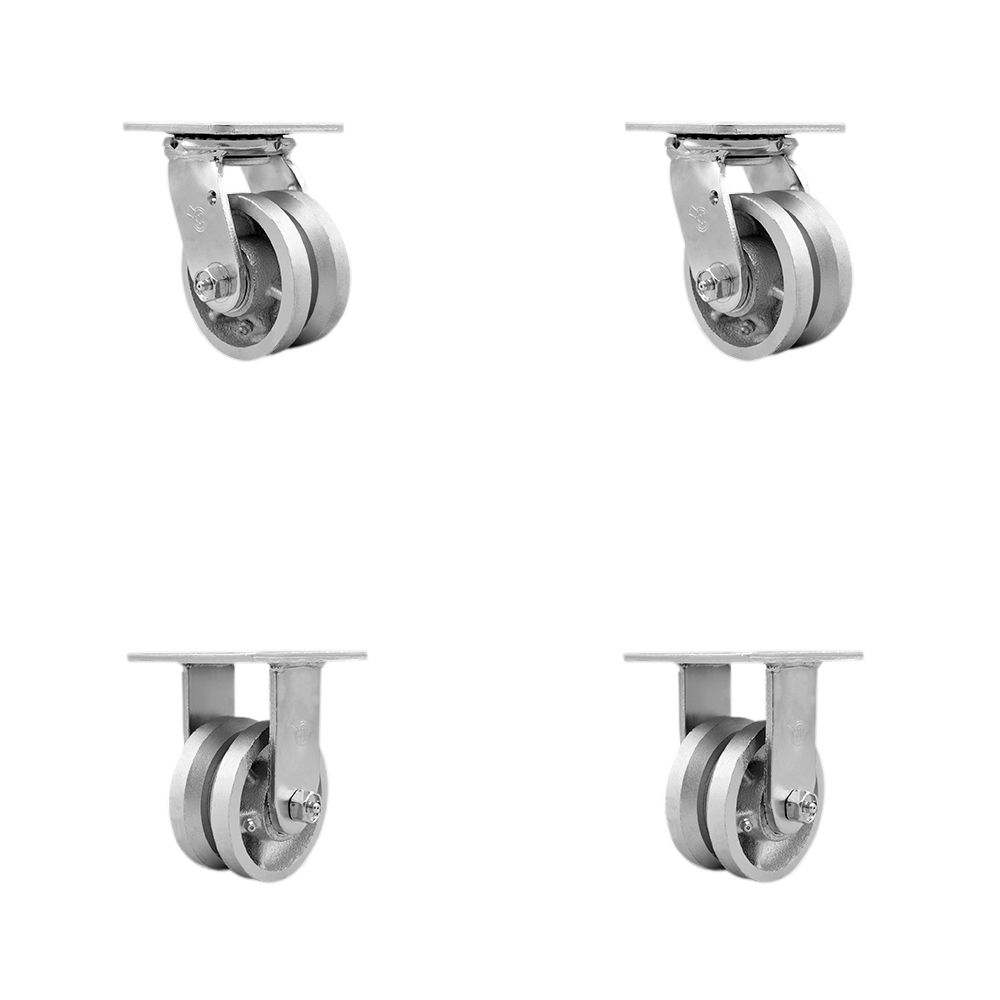 V Groove Semi Steel Cast Iron Swivel Top Plate Casters Set of 4 Heavy Duty with 4 Inch Wheels - Includes 2 Swivel and 2 Rigid – 3,200 lbs. Total Capacity - Service Caster Brand — photo 1