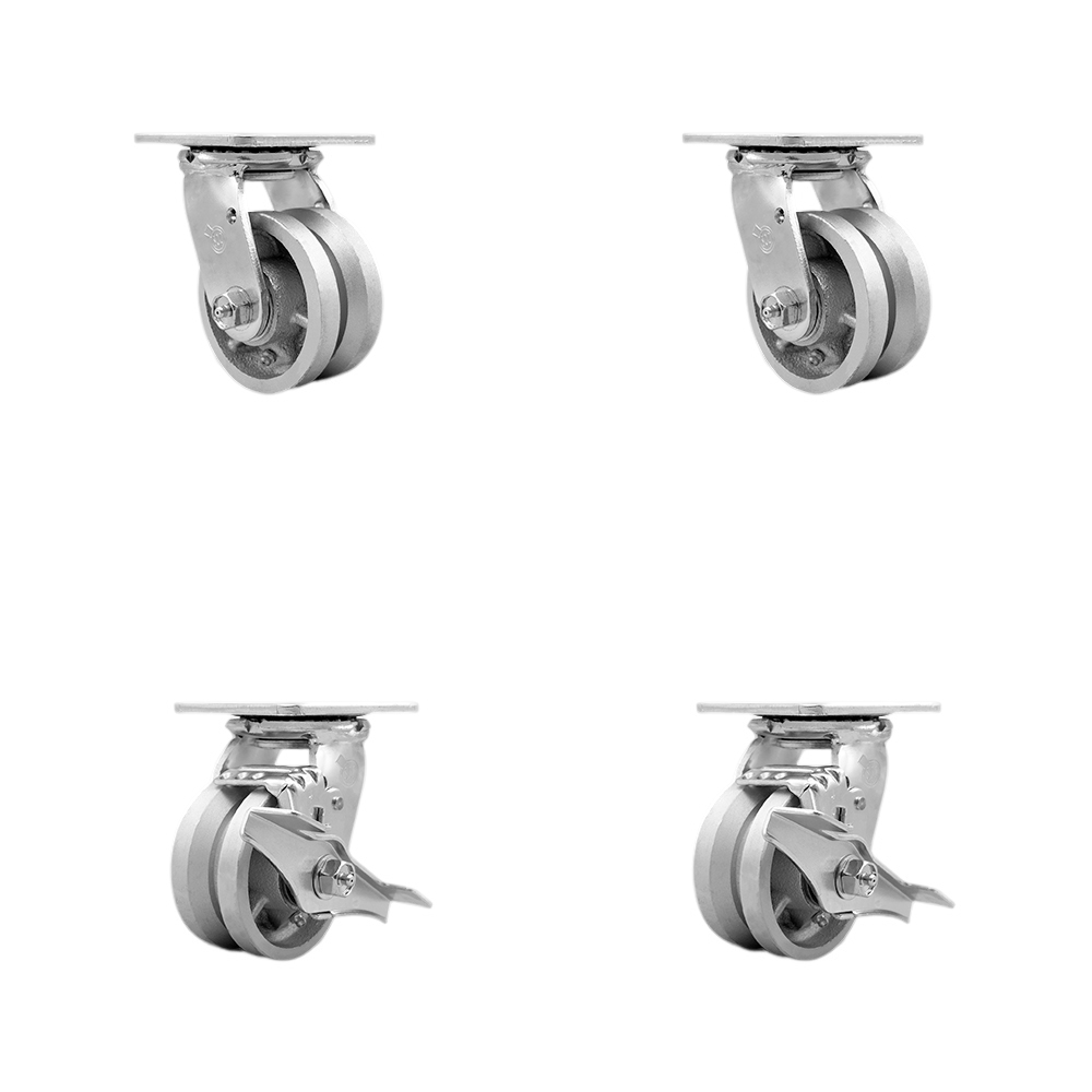 V Groove Semi Steel Cast Iron Swivel Top Plate Casters Set of 4 Heavy Duty with 4 Inch Wheels - Includes 2 Swivel with Brakes and 2 Swivel – 3,200 lbs. Total Capacity - Service Caster Brand — photo 1