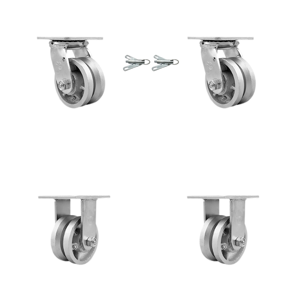 Heavy Duty Swivel Caster Set of 4 with 4 Inch V-Groove Semi Steel Cast Iron Wheels and Bronze Bearings - Includes 2 Swivel with Bolt on Swivel Locks and 2 Rigid - Service Caster Brand — photo 1