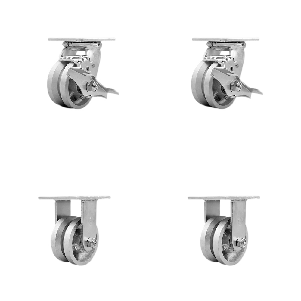 V Groove Semi Steel Cast Iron Swivel Top Plate Casters Set of 4 Heavy Duty with 4 Inch Wheels - Includes 2 Swivel with Brakes and 2 Rigid – 3,200 lbs. Total Capacity - Service Caster Brand — photo 1