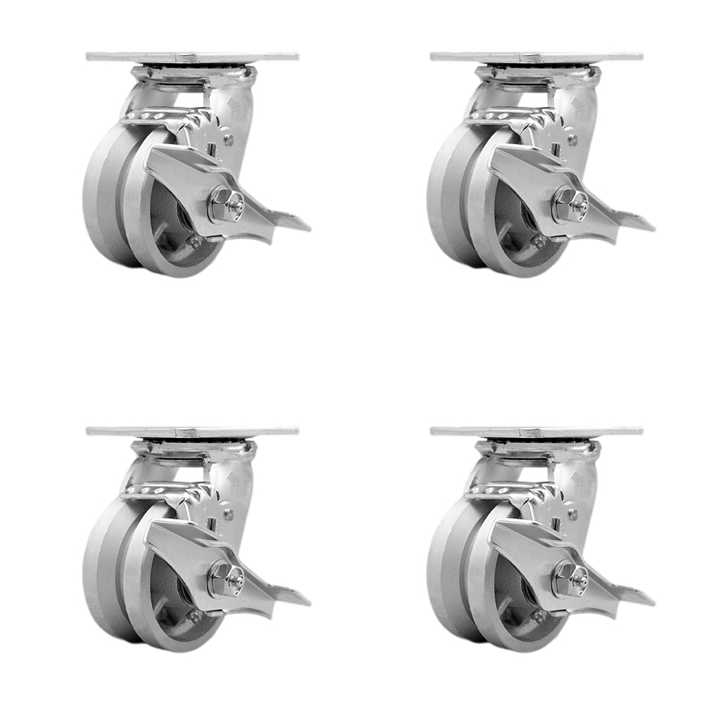 V Groove Semi Steel Cast Iron Swivel Top Plate Casters Set of 4 Heavy Duty with 4 Inch Wheels - Includes 4 Swivel with Top Lock Brakes – 3,200 lbs. Total Capacity - Service Caster Brand — photo 1
