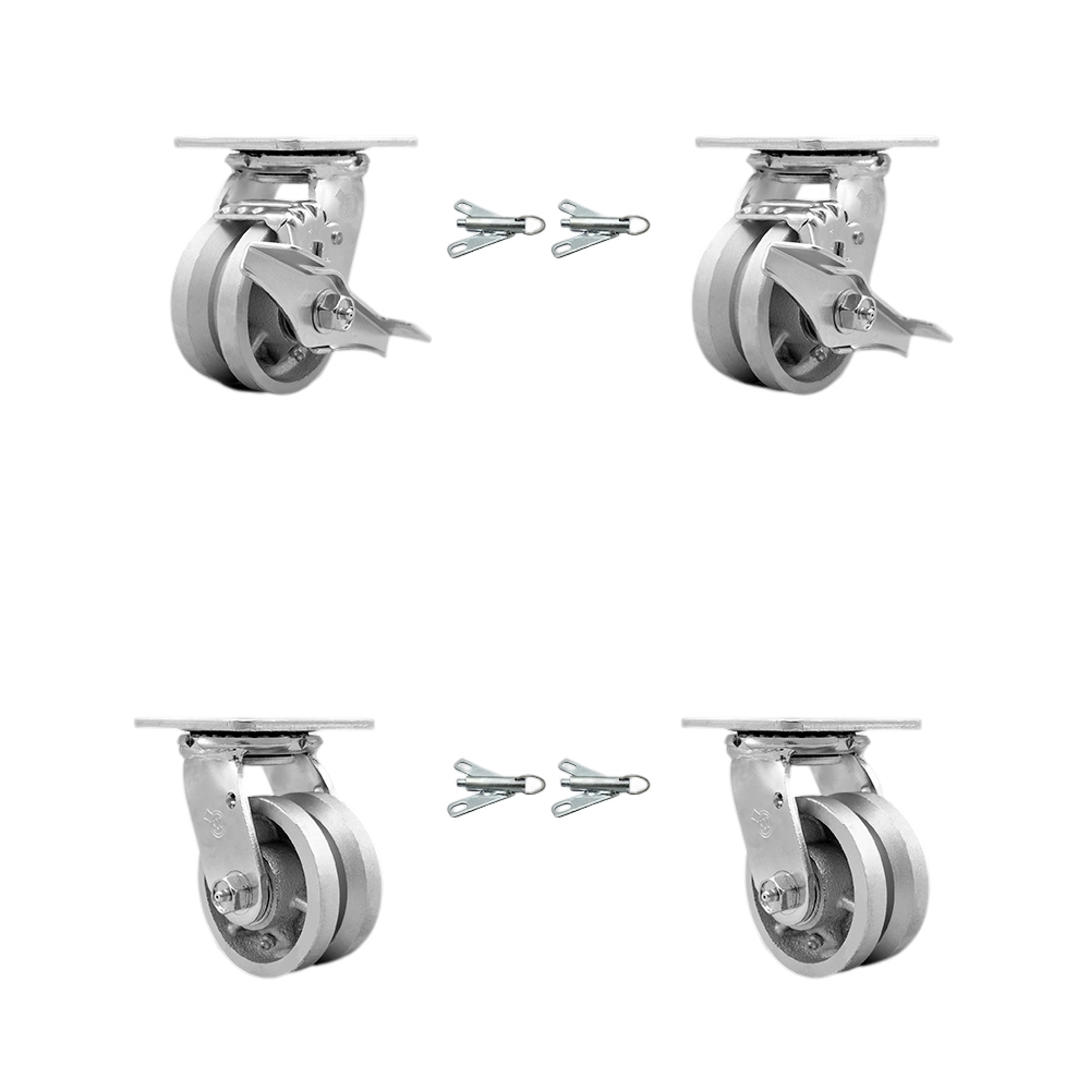 V Groove Semi Steel Swivel Top Plate Casters Set 4 Heavy Duty with 4 Inch Wheels - Includes 2 Swivel with Brakes and Bolt on Swivel Locks and 2 Swivel with Bolt on Swivel Locks - Service Caster Brand — photo 1