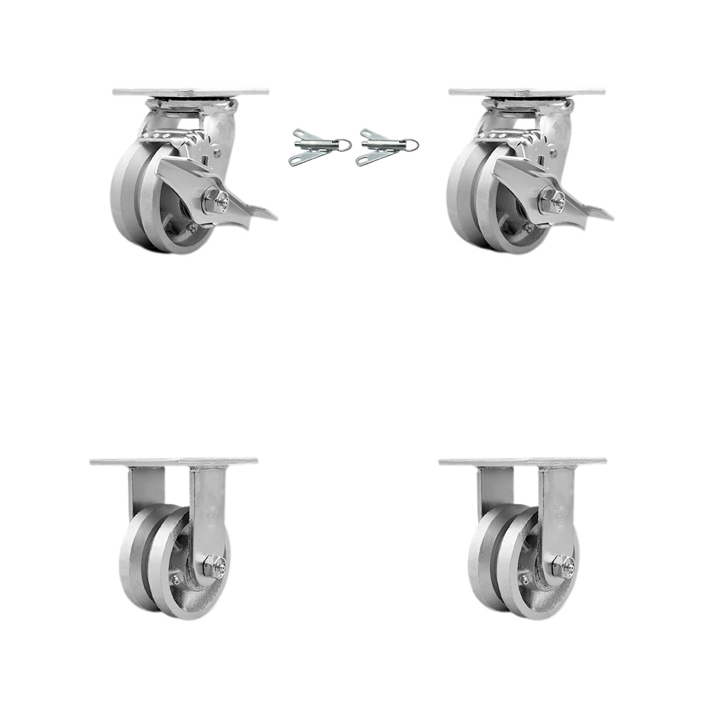 Heavy Duty Swivel Caster Set of 4 with 4 Inch V-Groove Semi Steel Cast Iron Wheels and Bronze Bearings - Includes 2 Swivel with Brakes and Bolt on Swivel Locks and 2 Rigid - Service Caster Brand — photo 1