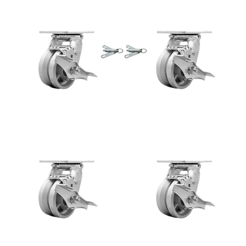 V Groove Semi Steel Cast Iron Swivel Top Plate Casters Set of 4 Heavy Duty with 4 Inch Wheels - Includes 2 Swivel with Brakes and Bolt on Swivel Locks and 2 Swivel with Brakes - Service Caster Brand — photo 1