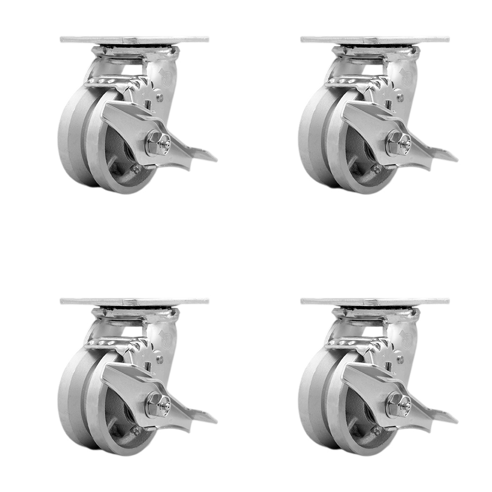 Heavy Duty Swivel Caster Set of 4 with 4 Inch V-Groove Semi Steel Cast Iron Wheels and Bronze Bearings - Includes 4 Swivel with Top Lock Brakes and Bolt on Swivel Locks - Service Caster Brand — photo 1