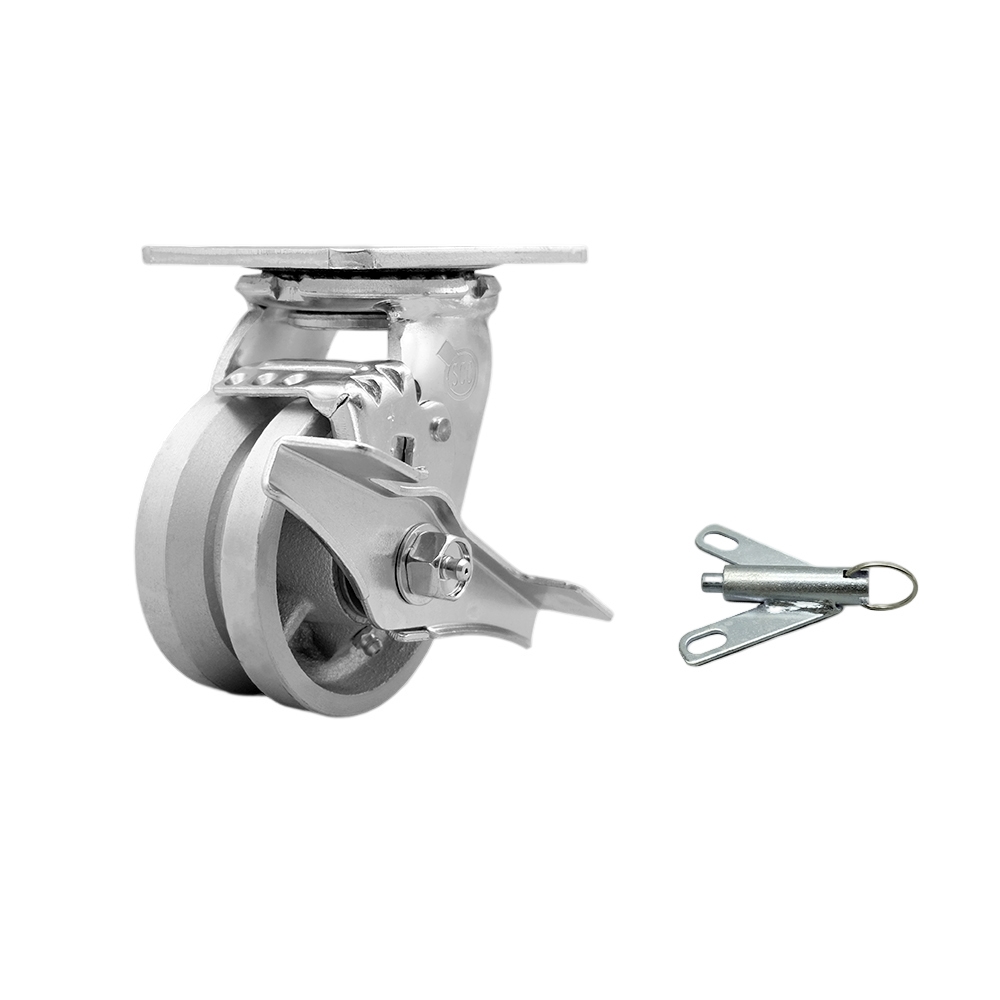 V Groove Semi Steel Cast Iron Swivel Top Plate Heavy Duty Caster with 4 Inch Wheel and Top Lock Brake and Bolt on Swivel Lock – 800 lbs. Capacity/Caster - Service Caster Brand — photo 1