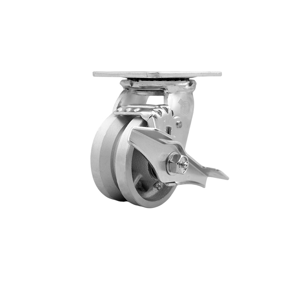 Heavy Duty Swivel Top Plate Caster with Top Lock Brake and 4 Inch V Groove Semi Steel Cast Iron Wheel with Ball Bearings - 800 lbs. Capacity/Caster - Service Caster Brand — photo 1