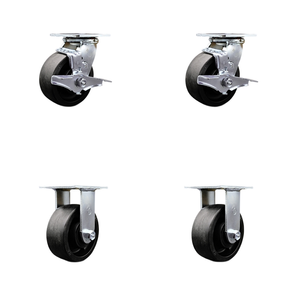 Tool Box Caster Wheel Set - 5 Inch Flat Free, Easy Rolling Glass Filled Nylon Wheels - Industrial Grade - 2 Swivel with Top Lock Brakes - Service Caster Brand — photo 1