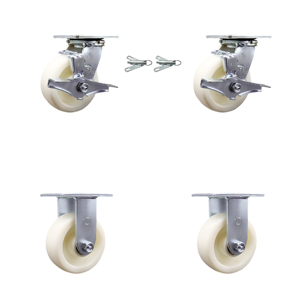 Nylon Swivel Top Plate Casters Set of 4 Heavy Duty with 5 Inch Wheels - Includes 2 Swivel with Brakes and Bolt on Swivel Locks and 2 Rigid - 3,600 lbs. Total Capacity - Service Caster Brand — photo 1