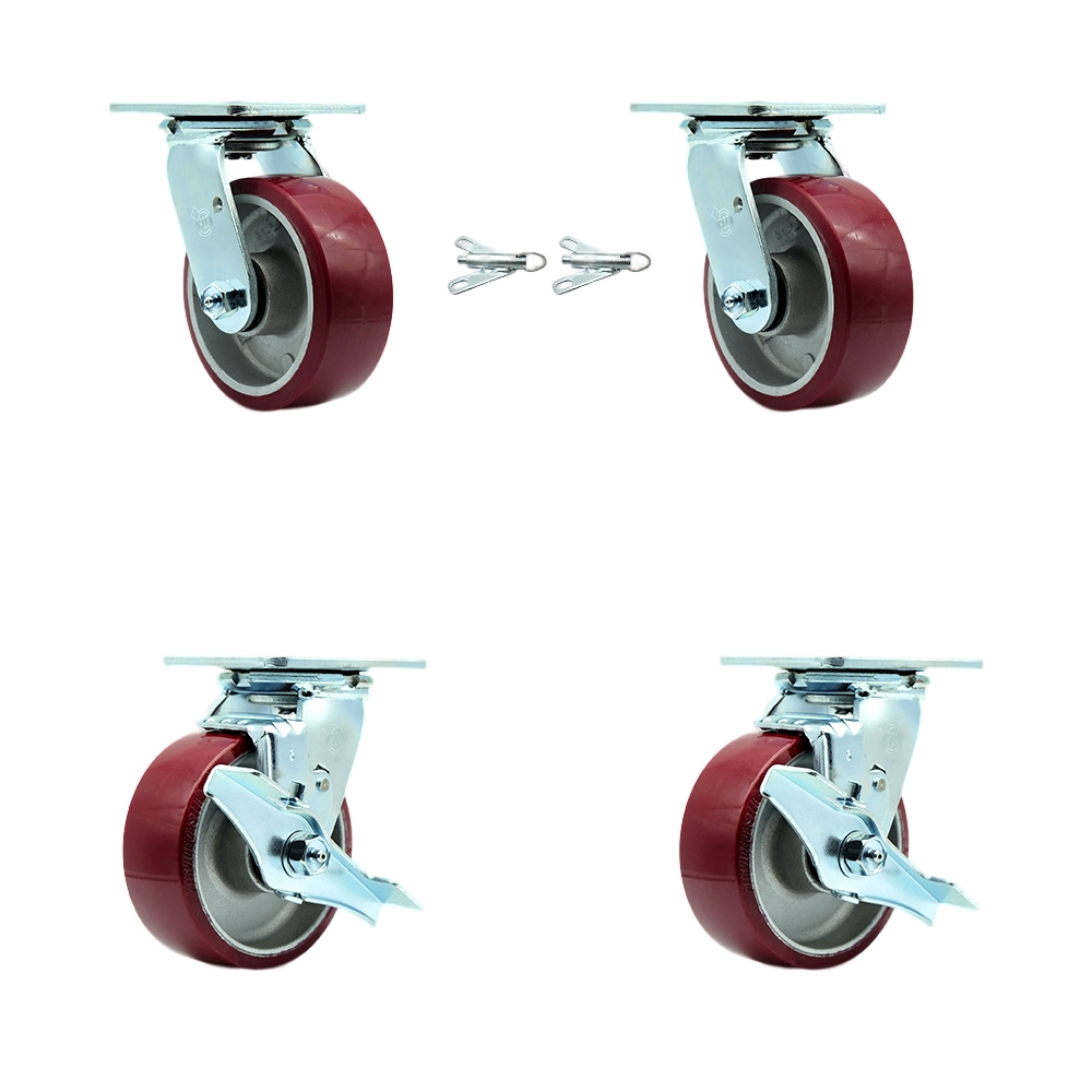 Polyurethane on Aluminum Swivel Top Plate Casters Set of 4 Heavy Duty with 5 Inch Wheels - Includes 2 Swivel with Bolt on Swivel Locks and 2 Swivel with Brakes - Service Caster Brand — photo 1