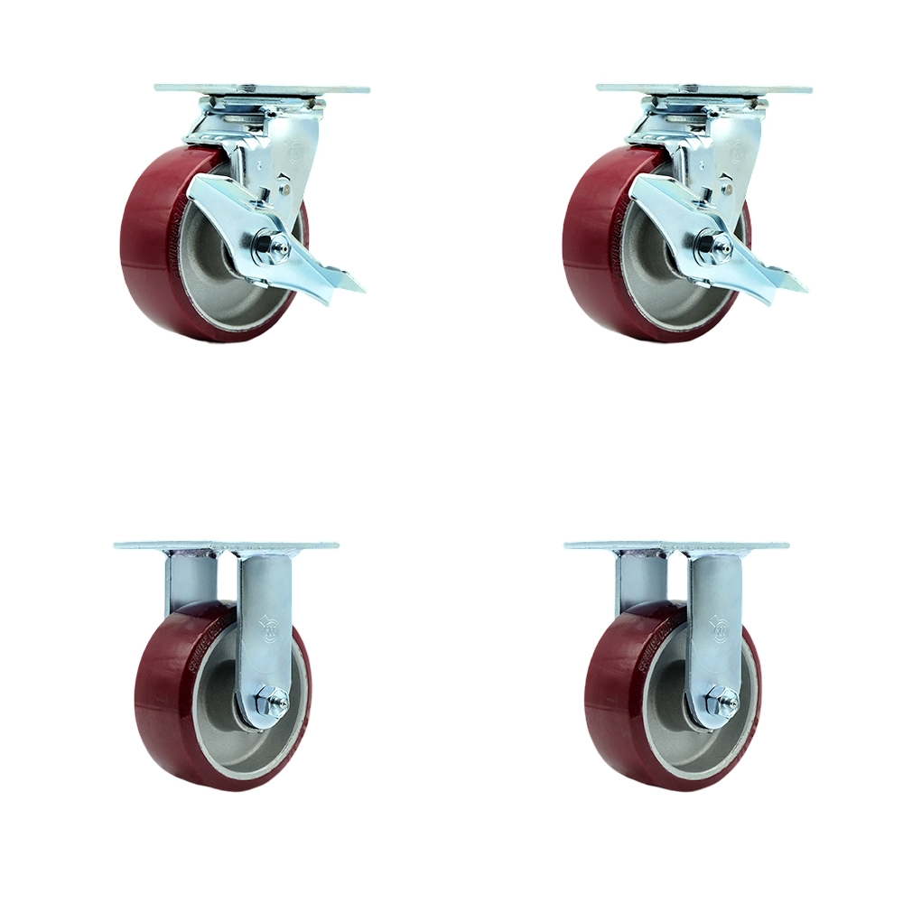 Polyurethane on Aluminum Swivel Top Plate Casters Set of 4 Heavy Duty with 5 Inch Wheels - Includes 2 Swivel with Brakes and 2 Rigid – 3,600 lbs. Total Capacity - Service Caster Brand — photo 1