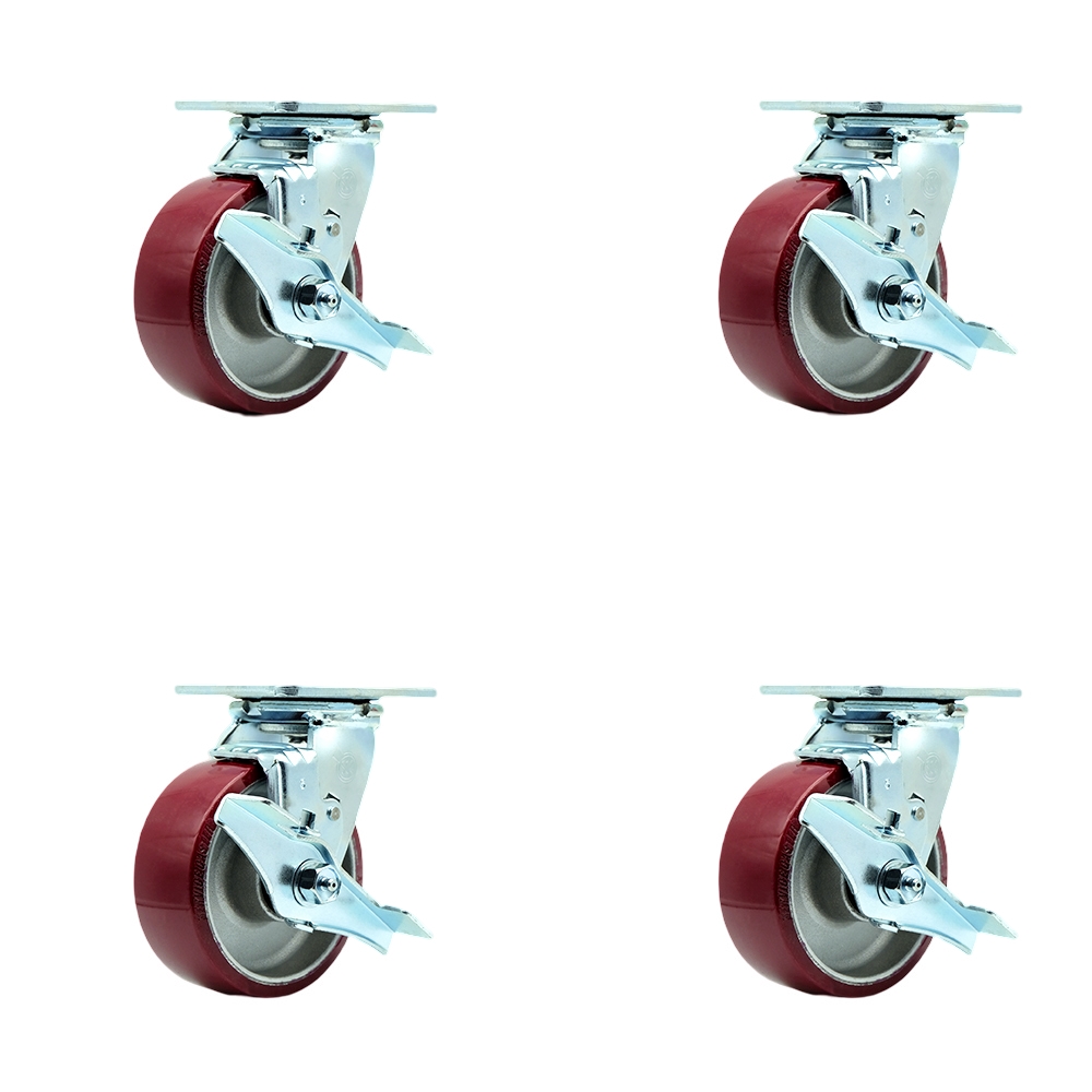 Heavy Duty Swivel Caster Set of 4 with 5 Inch Polyurethane on Aluminum Wheels and Ball Bearings - Includes 4 Swivel with Top Lock Brakes - 3,600 lbs. Total Capacity - Service Caster Brand — photo 1