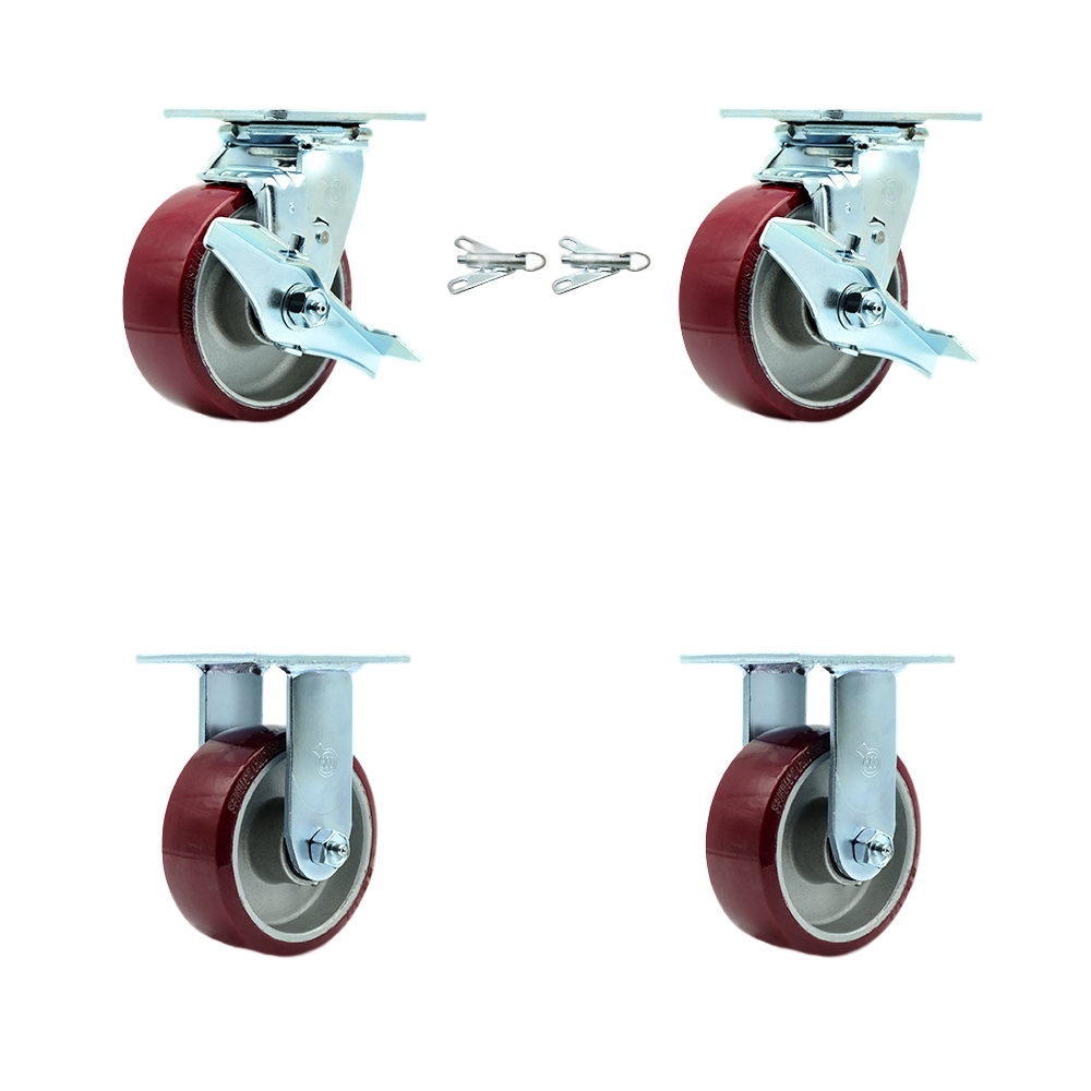 Heavy Duty Swivel Caster Set of 4 with 5 Inch Polyurethane on Aluminum Wheels and Ball Bearings - Includes 2 Swivel with Brakes and Bolt on Swivel Locks and 2 Rigid - Service Caster Brand — photo 1