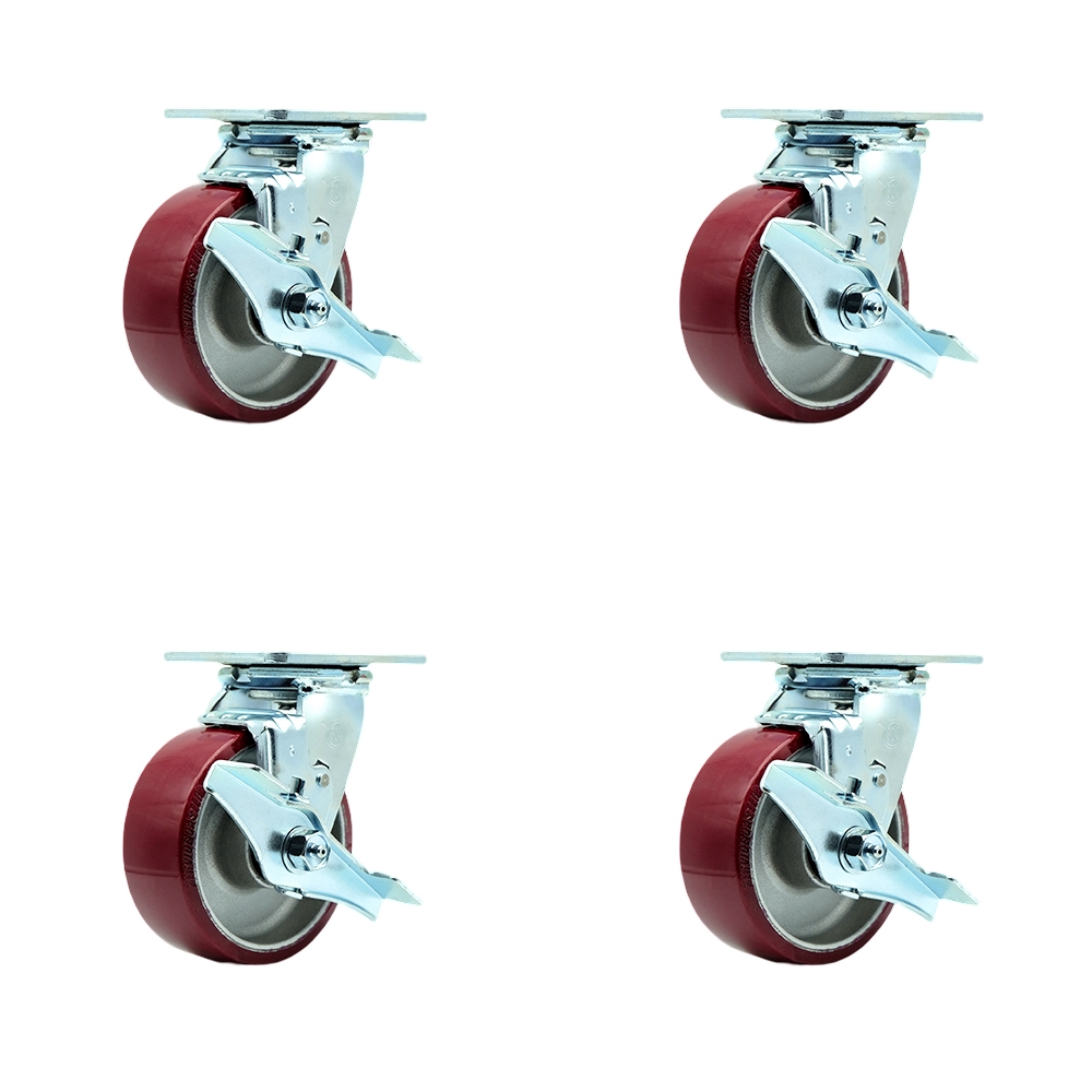 Polyurethane on Aluminum Swivel Top Plate Casters Set of 4 Heavy Duty with 5 Inch Wheels - Includes 2 Swivel with Brakes and Bolt on Swivel Locks and 2 Swivel with Brakes - Service Caster Brand — photo 1