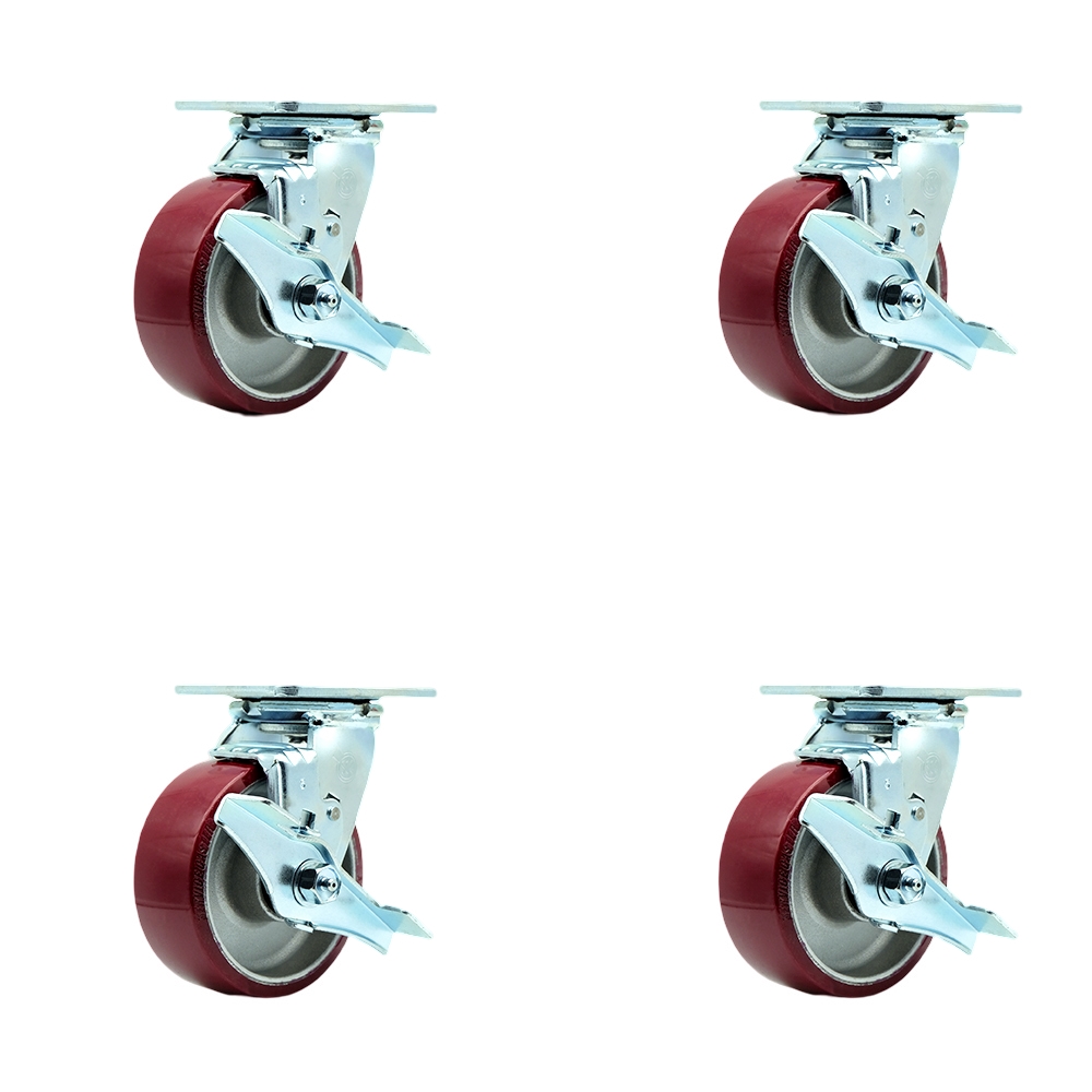 Polyurethane on Aluminum Swivel Top Plate Casters Set of 4 Heavy Duty with 5 Inch Wheels-Includes 4 Swivel with Top Lock Brakes and Bolt on Swivel Locks–3,600 lbs. Total Capacity- Service Caster Brand — photo 1