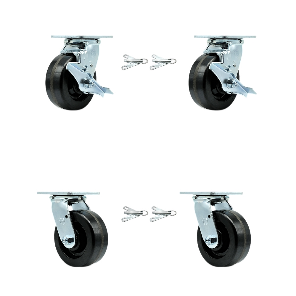 Phenolic Swivel Top Plate Casters Set 4 Heavy Duty with 5 Inch Wheels - Includes 2 Swivel with Brakes and Bolt on Swivel Locks and 2 Swivel with Bolt on Swivel Locks - Service Caster Brand — photo 1