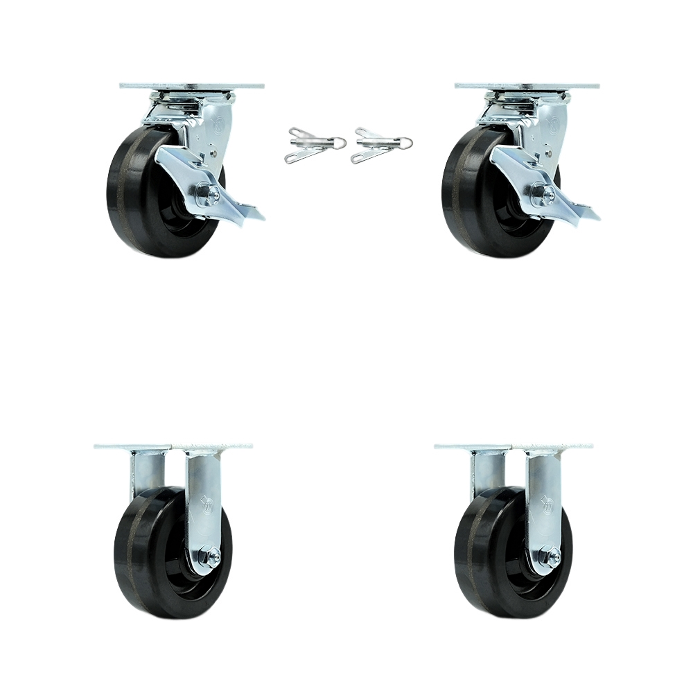Phenolic Swivel Top Plate Casters Set of 4 Heavy Duty with 5 Inch Wheels - Includes 2 Swivel with Brakes and Bolt on Swivel Locks and 2 Rigid - 4,000 lbs. Total Capacity - Service Caster Brand — photo 1