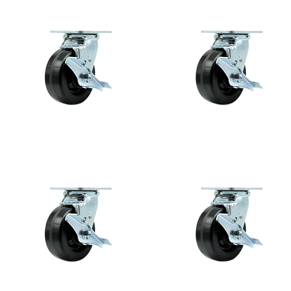 Phenolic Swivel Top Plate Casters Set of 4 Heavy Duty with 5 Inch Wheels - Includes 4 Swivel with Top Lock Brakes and Bolt on Swivel Locks – 4,000 lbs. Total Capacity - Service Caster Brand — photo 1
