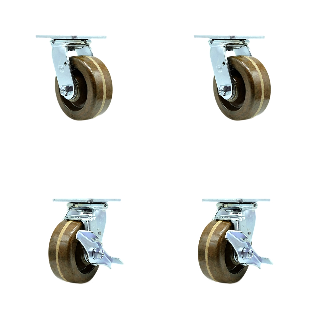 Heavy Duty Swivel Caster Set of 4 with 5 Inch High Temperature Phenolic Wheels and Bronze Bearings - Includes 2 Swivel with Brakes and 2 Swivel - 4,000 lbs. Total Capacity - Service Caster Brand — photo 1