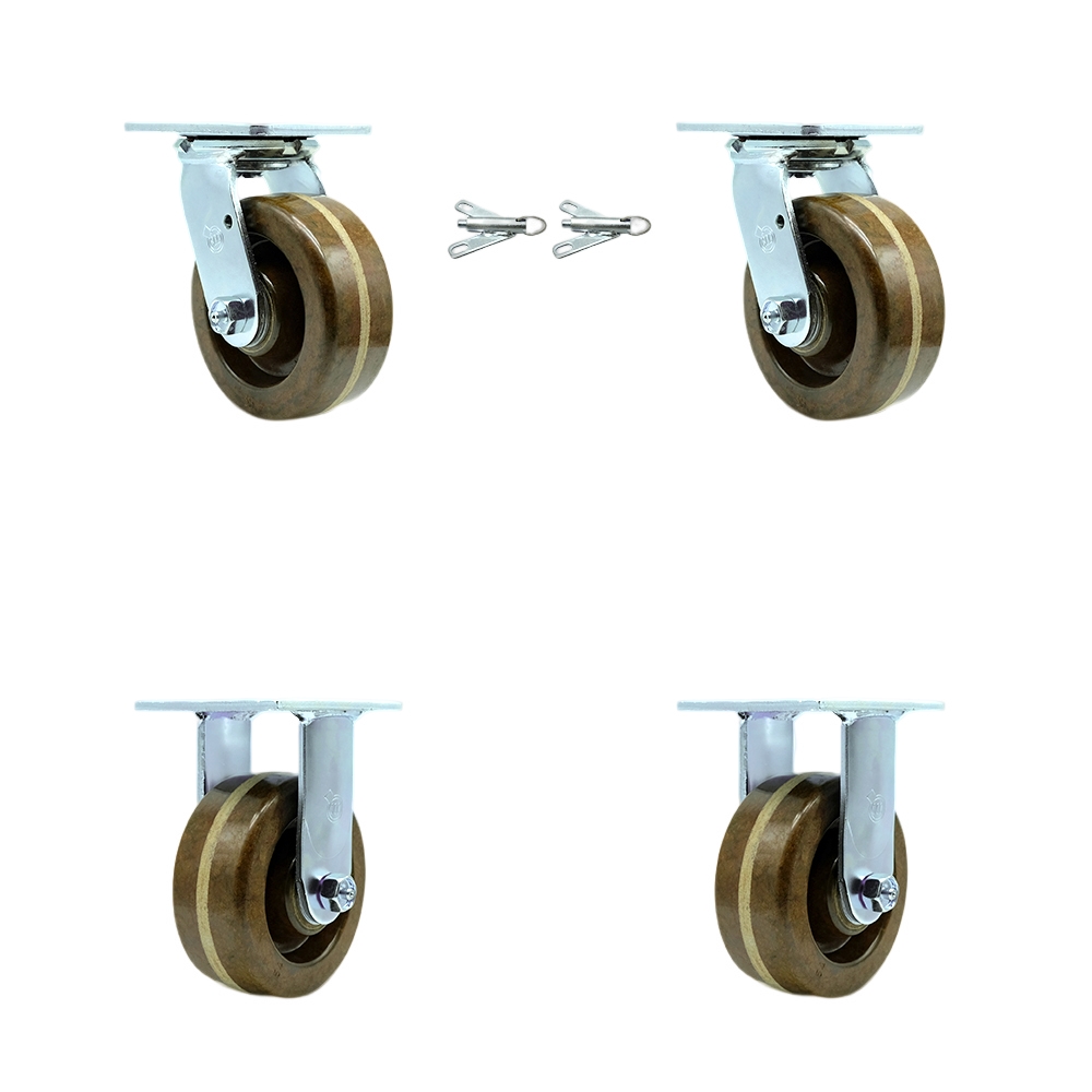 Heavy Duty Swivel Caster Set of 4 with 5 Inch High Temperature Phenolic Wheels and Bronze Bearings - Includes 2 Swivel with Bolt on Swivel Locks and 2 Rigid - Service Caster Brand — photo 1