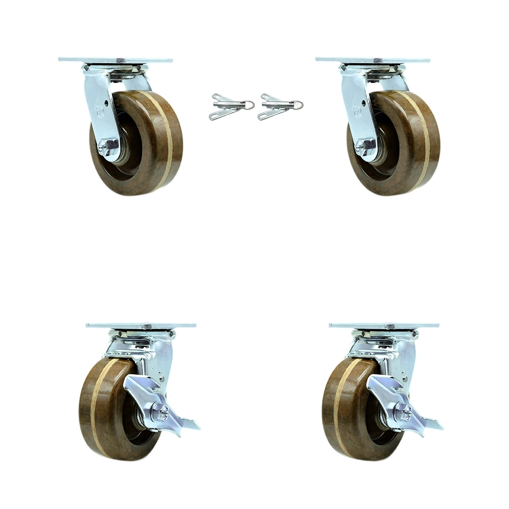 High Temp Phenolic Swivel Top Plate Casters Set of 4 Heavy Duty with 5 Inch Wheels-Includes 2 Swivel with Bolt on Swivel Locks and 2 Swivel with Brakes-4,000 lbs. Total Capacity - Service Caster Brand — photo 1