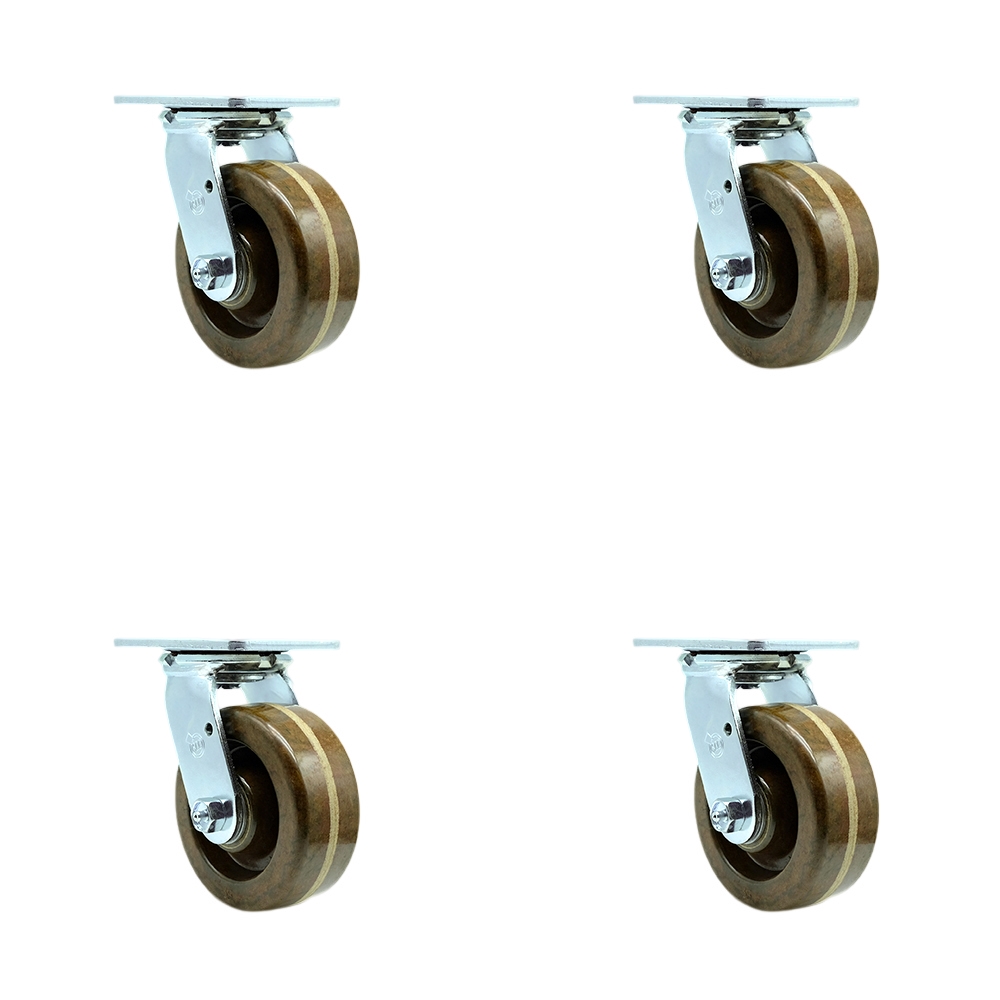 Heavy Duty Swivel Caster Set of 4 with 5 Inch High Temperature Phenolic Wheels and Bronze Bearings - Includes 4 Swivel with Bolt on Swivel Locks - 4,000lbs. Total Capacity - Service Caster Brand — photo 1