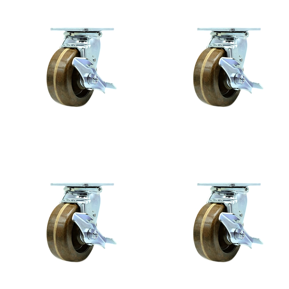 Heavy Duty Swivel Caster Set of 4 with 5 Inch High Temperature Phenolic Wheels and Bronze Bearings - Includes 4 Swivel with Top Lock Brakes - 4,000 lbs. Total Capacity - Service Caster Brand — photo 1